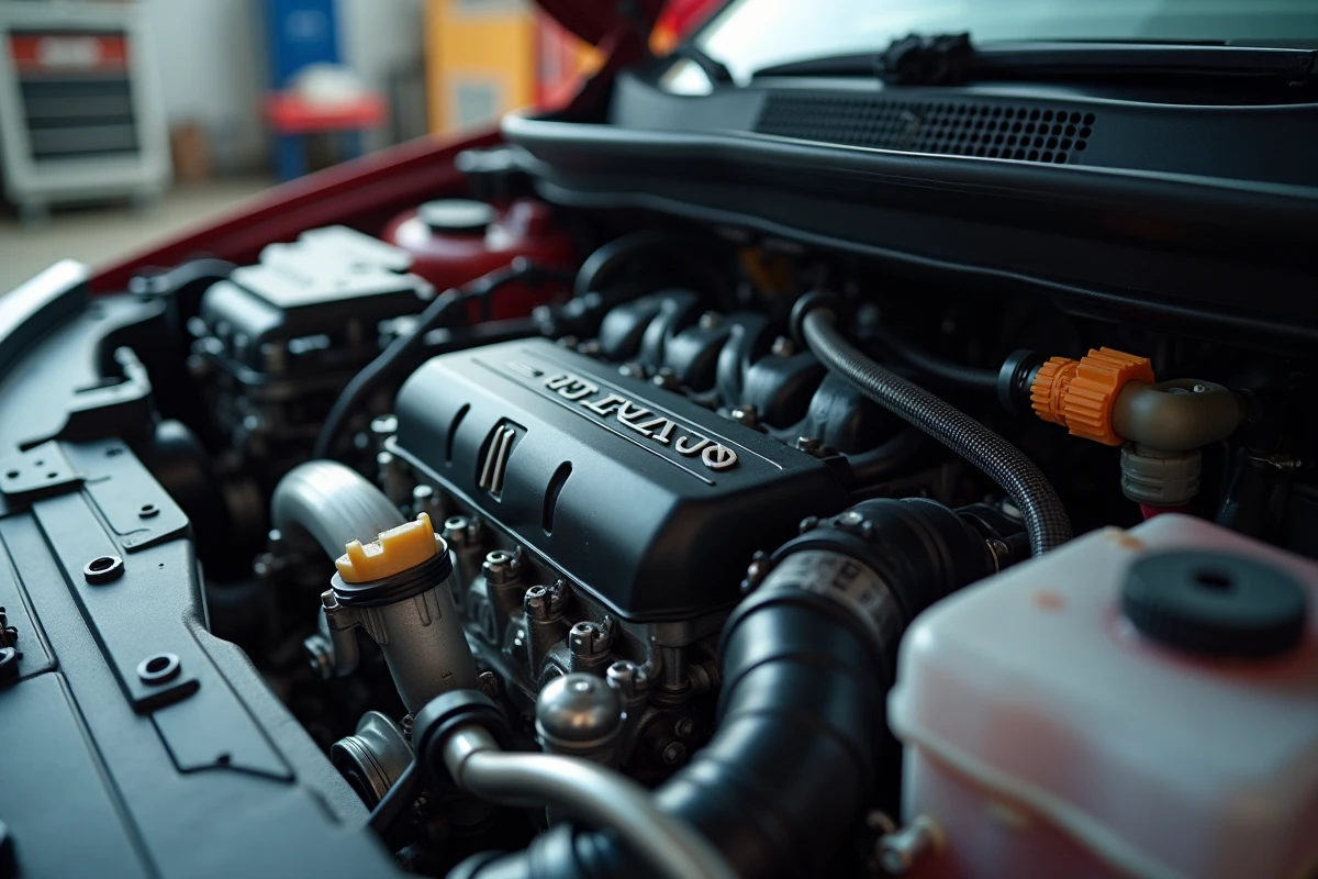 Gros plan sur les injecteurs et le faisceau électrique du moteur d'une Clio 5 lors d'un diagnostic de panne injection