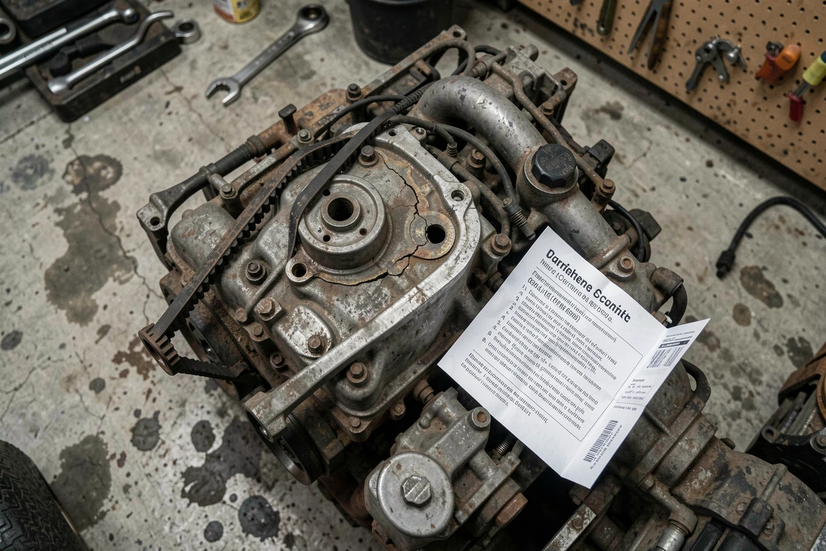 Vue rapprochée d'un moteur usé avec courroie de distribution et livret de garantie constructeur posé sur le bloc moteur