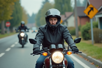 Jeune motard en ville sur une moto 125cc avec casque et veste textile