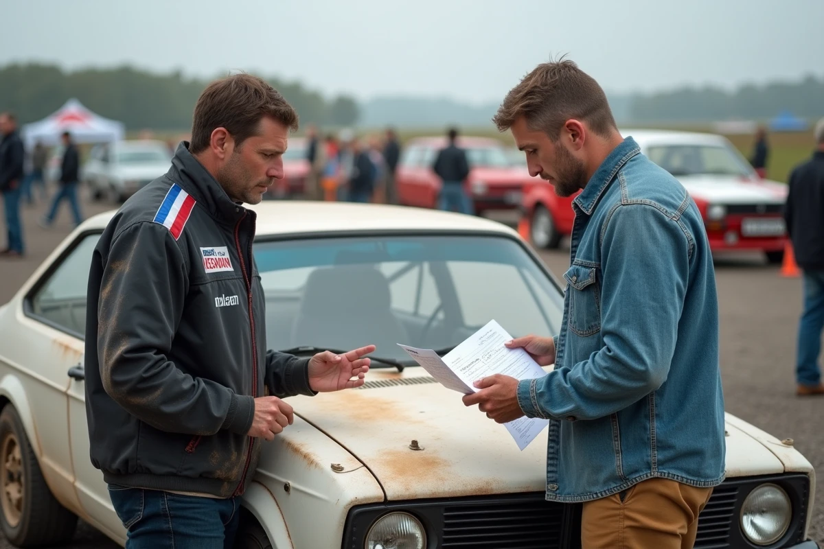 Deux passionnés de rallye négociant le prix d'une voiture de compétition d'occasion lors d'un événement régional