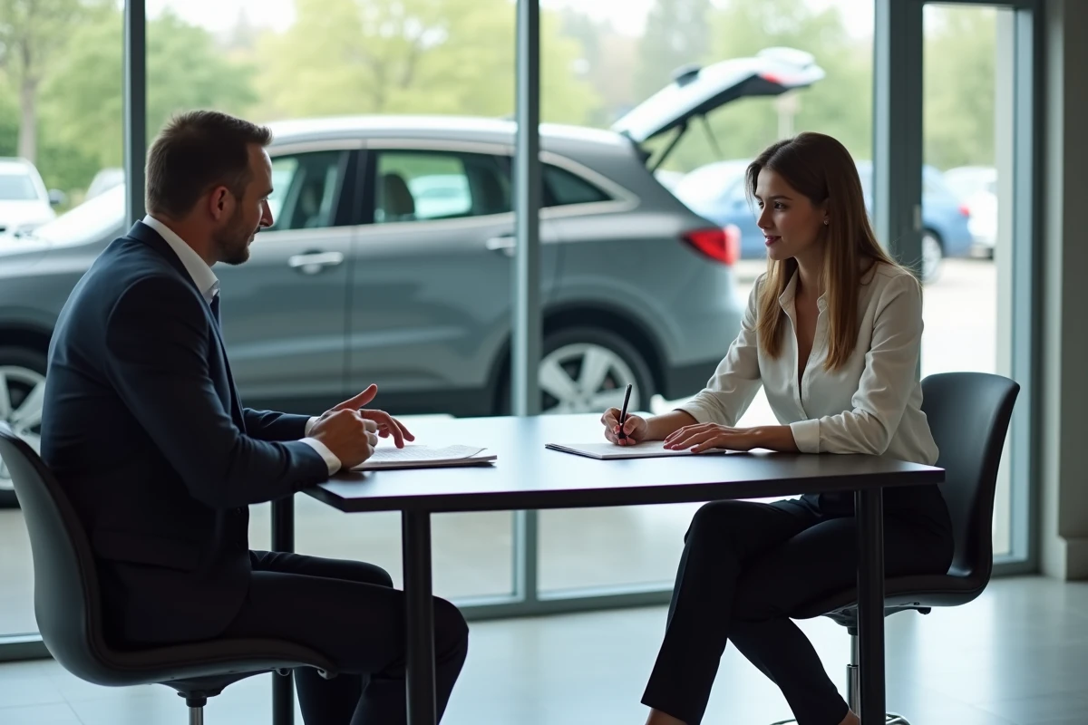 Femme discutant avec vendeur dans un bureau automobile