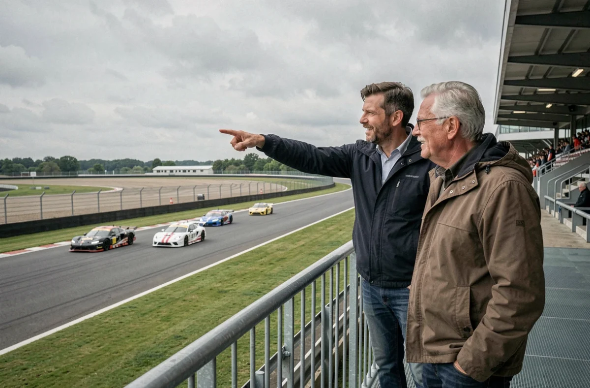 Deux hommes observant des voitures de course sur un circuit lors d'un stage de pilotage offert en cadeau