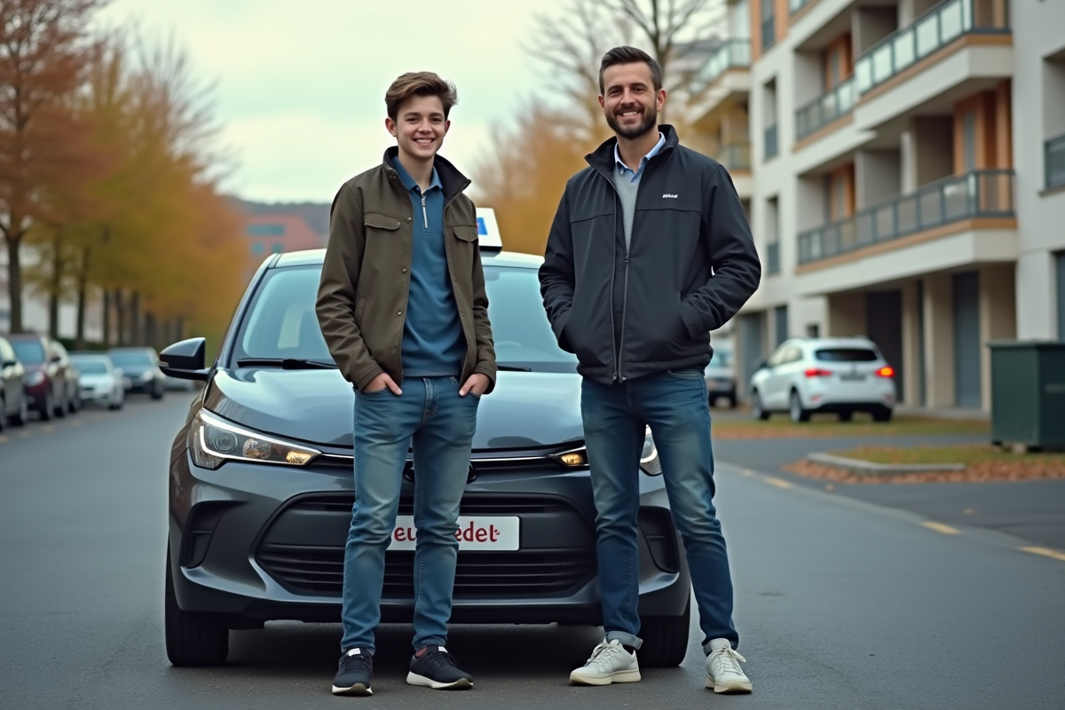 Père et fils souriants devant une voiture d