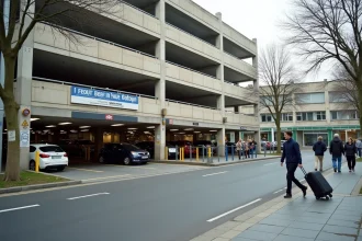 Entrée d'un parking à plusieurs niveaux proche de la gare de Valence avec des voyageurs et des voitures