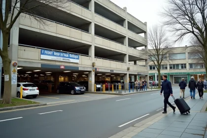 Entrée d'un parking à plusieurs niveaux proche de la gare de Valence avec des voyageurs et des voitures