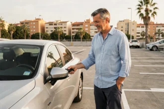 Homme garant sa voiture dans un parking gratuit en périphérie de Barcelone avant de prendre le métro