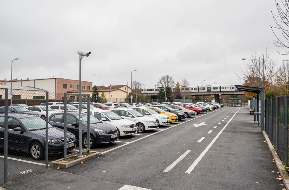 Vue d'ensemble d'un parking relais sécurisé près d'un terminus de métro à Barcelone