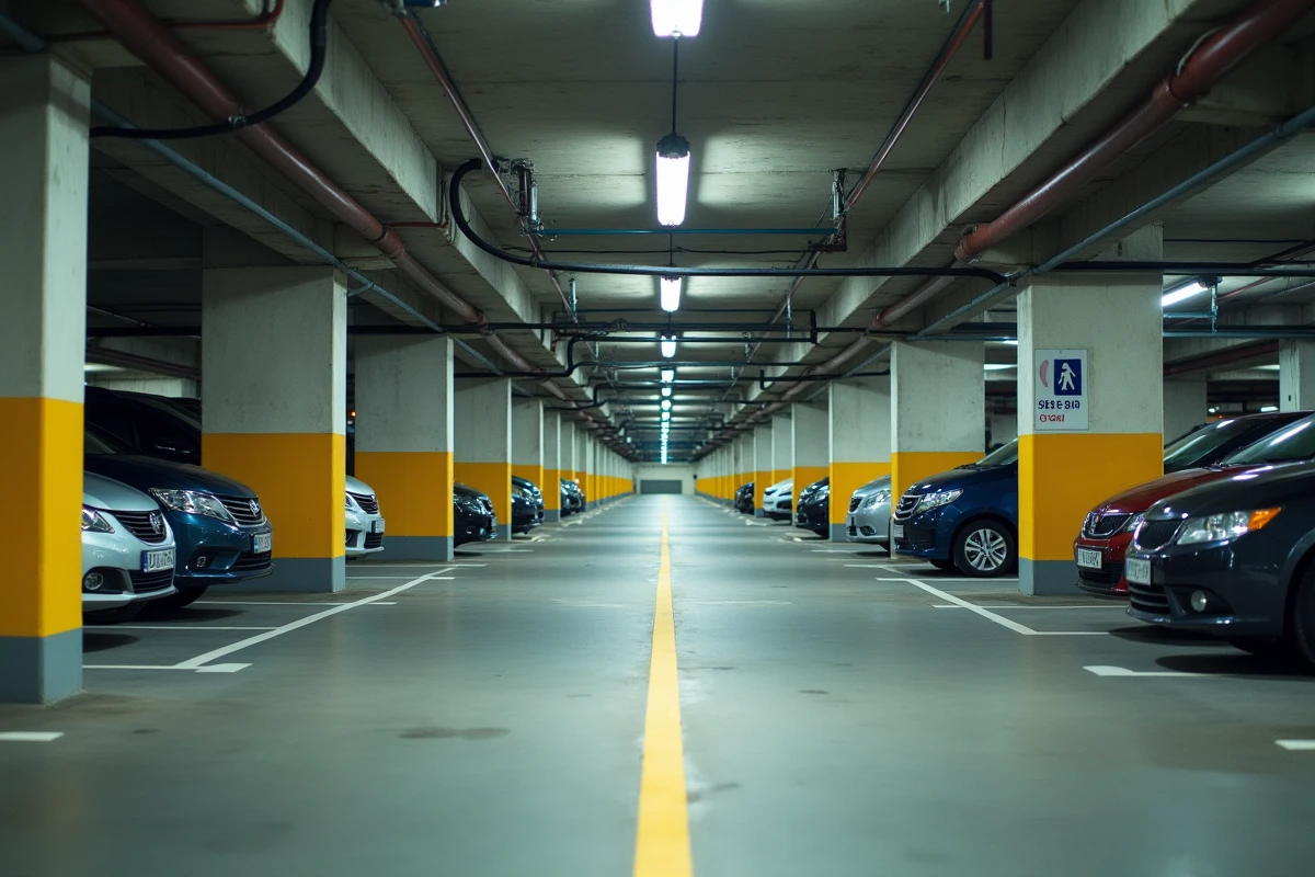 Intérieur d'un parking souterrain dans le centre-ville de Valence avec signalétique et voitures garées