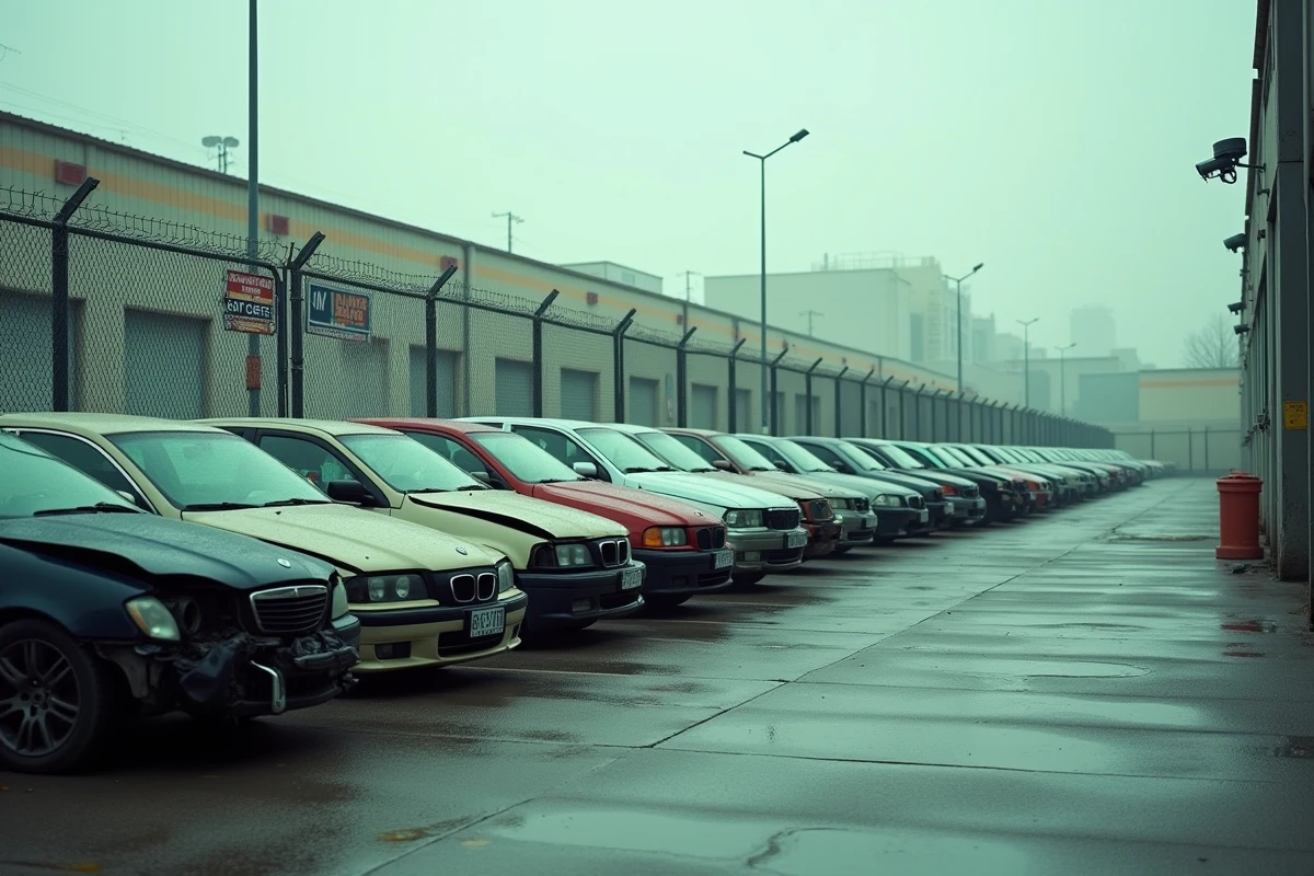 Parking sécurisé d'un garage automobile avec des véhicules accidentés immobilisés en attente de règlement d'assurance