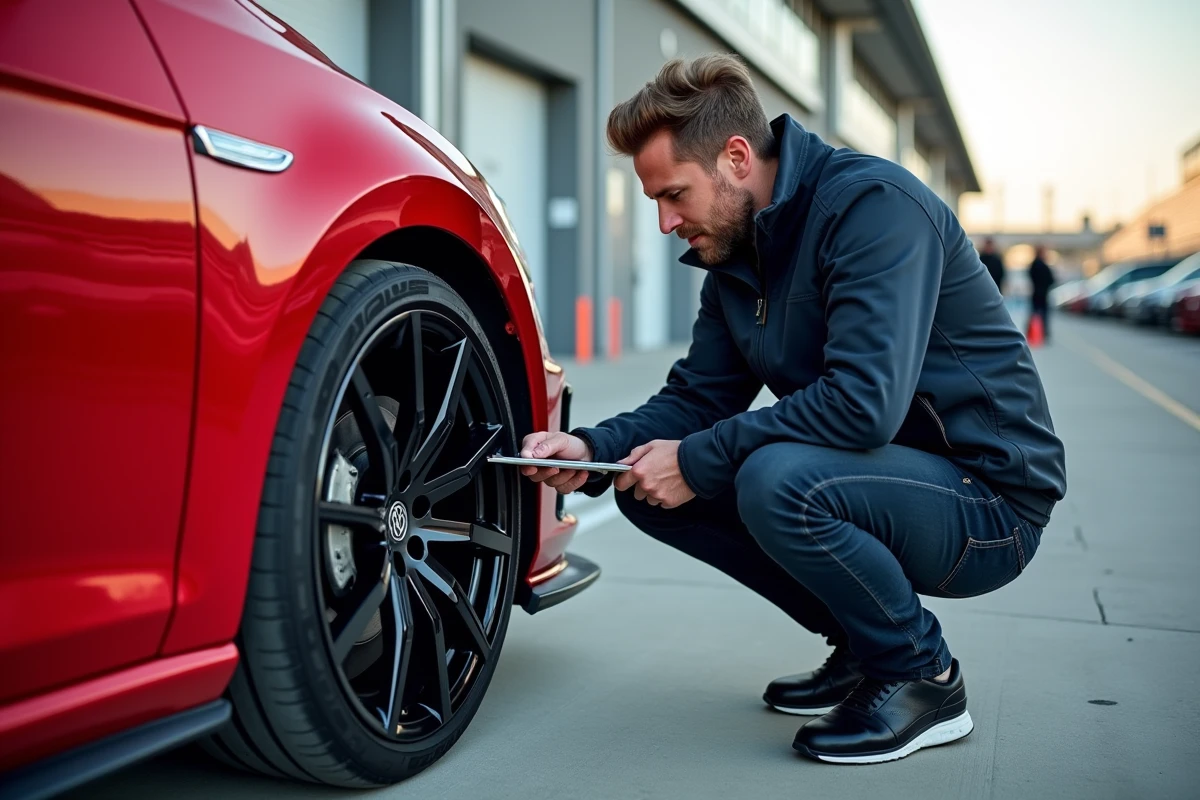 Passionné de Golf 7 R inspectant les freins et la suspension en paddock de circuit