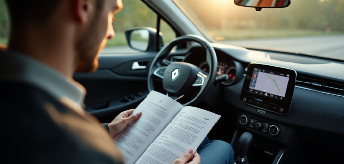 Personne lisant le manuel d'une Renault à l'intérieur