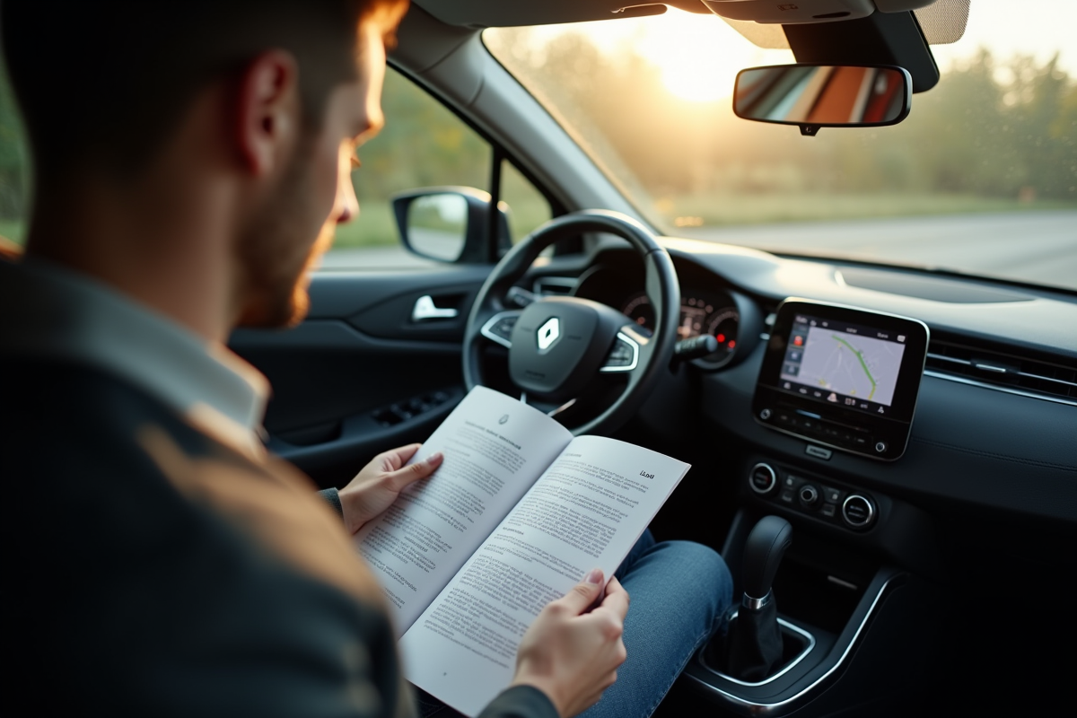 Personne lisant le manuel d'une Renault à l'intérieur