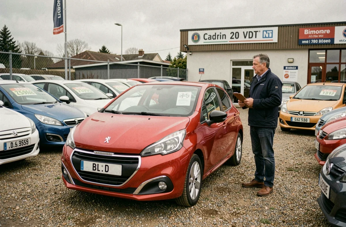 Peugeot 208 VTi rouge dans un lot de voitures d'occasion avec un vendeur et des étiquettes de prix visibles