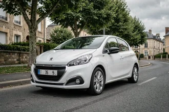 Peugeot 208 VTi blanche garée dans une rue résidentielle française, vue en angle trois quarts avant