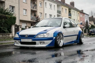 Peugeot 306 Maxi replica garée dans une rue résidentielle française, vue 3/4 avant révélant les élargisseurs d'ailes et la livrée rallye bleue et blanche