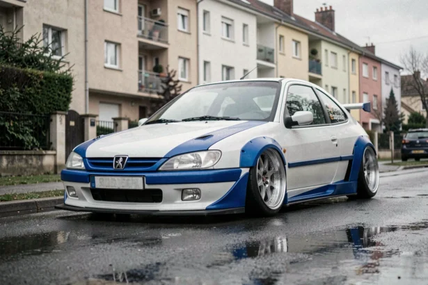 Peugeot 306 Maxi replica garée dans une rue résidentielle française, vue 3/4 avant révélant les élargisseurs d'ailes et la livrée rallye bleue et blanche