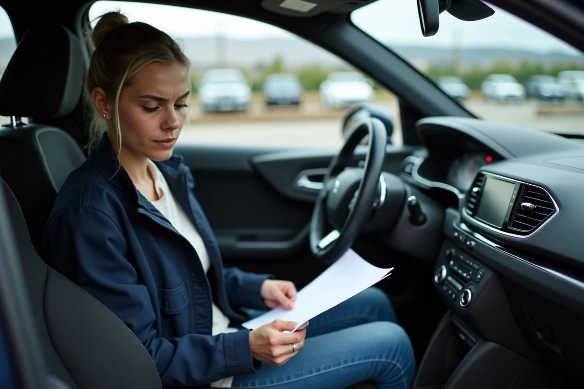 Femme examinant un rapport d'inspection dans l'habitacle d'une Peugeot 308, illustrant l'évaluation de la fiabilité et les avis consommateurs