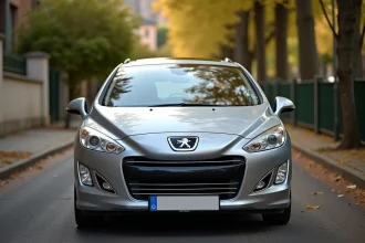 Peugeot 308 argentée garée dans une rue française, vue en perspective 3/4 avant, illustrant l'avis et la fiabilité du modèle
