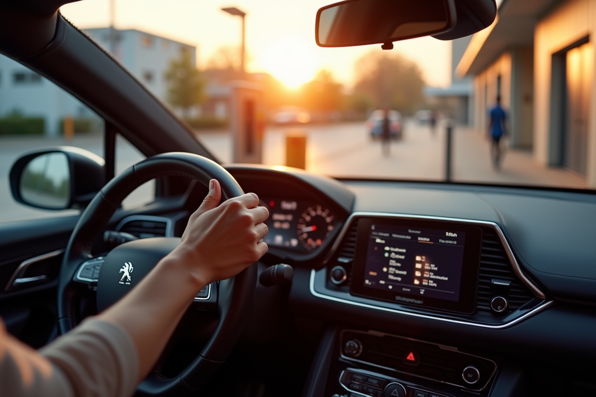 Peugeot 308 GT au station de recharge au lever du soleil