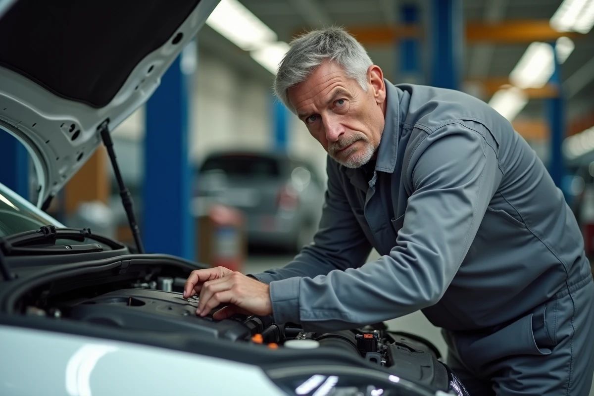 Mécanicien inspectant le moteur d'une Peugeot 308 dans un garage automobile, évoquant les pannes fréquentes et l'entretien du modèle