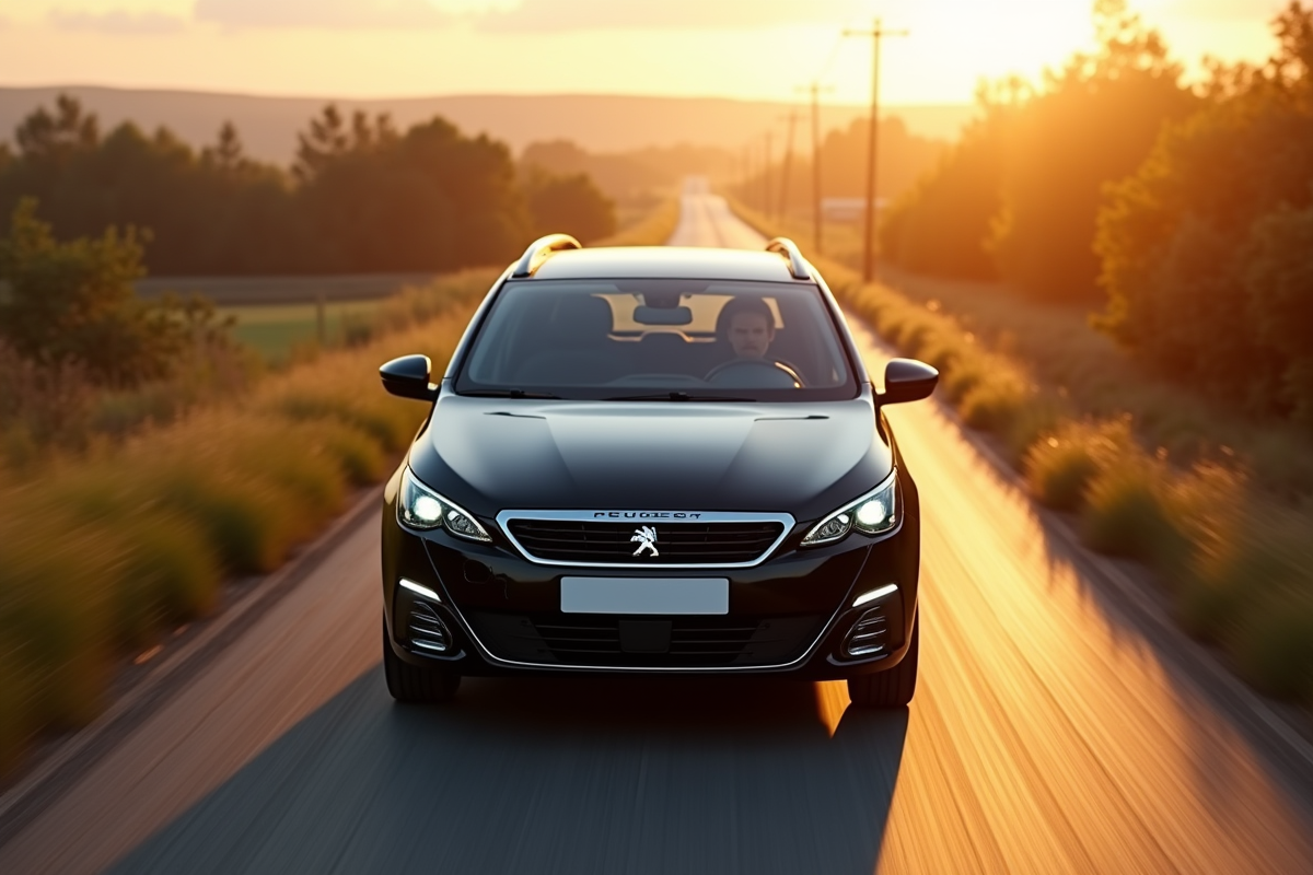 Peugeot 308 SW en campagne au coucher du soleil