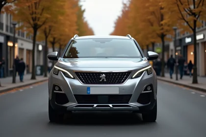 Peugeot 5008 silver garé sur un boulevard urbain entouré d'arbres en automne, vue trois quarts avant
