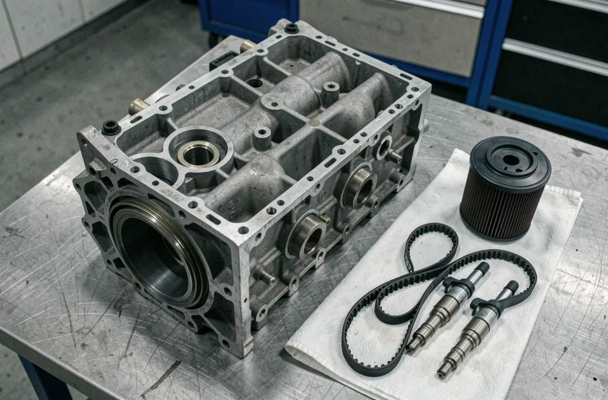 Moteur 1.5 dCi Renault démonté avec pièces d'entretien disposées sur un établi de garage