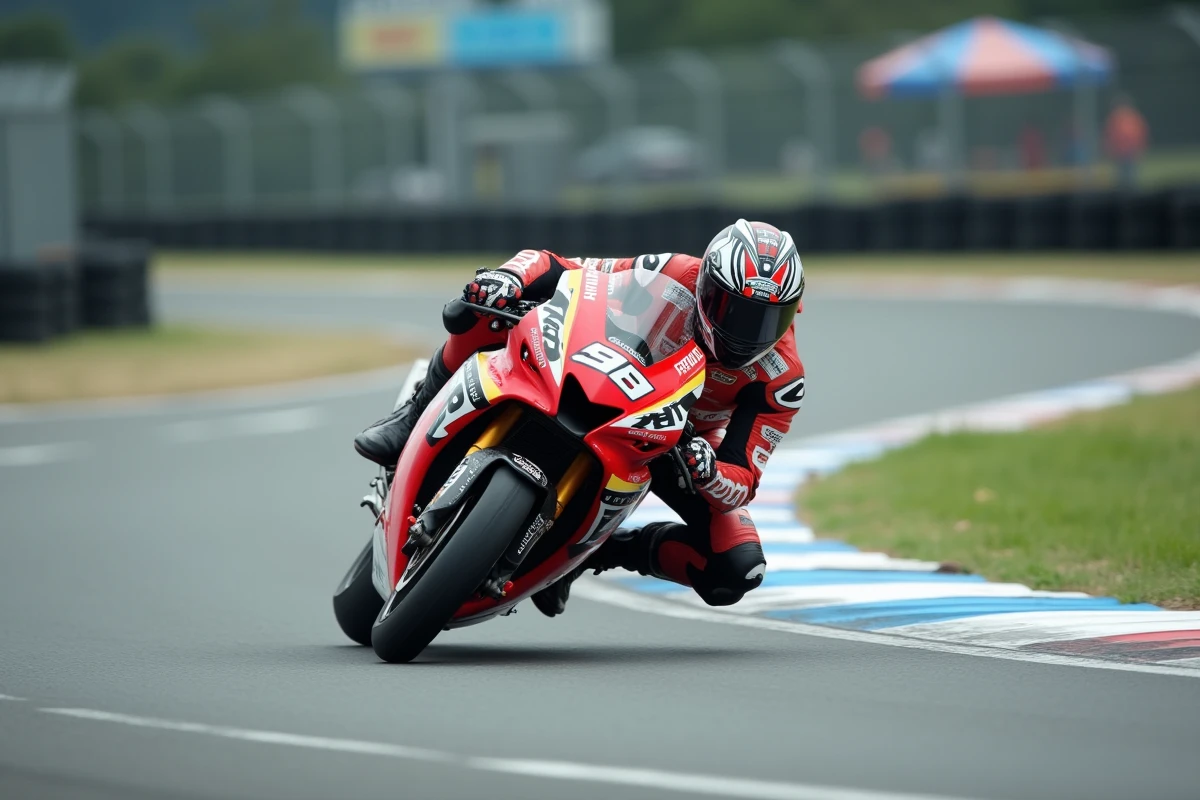 Pilote moto en combinaison de course en pleine trajectoire d'angle sur un circuit automobile professionnel