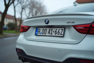 Plaque d'immatriculation française au format SIV sur une voiture blanche garée dans une rue résidentielle
