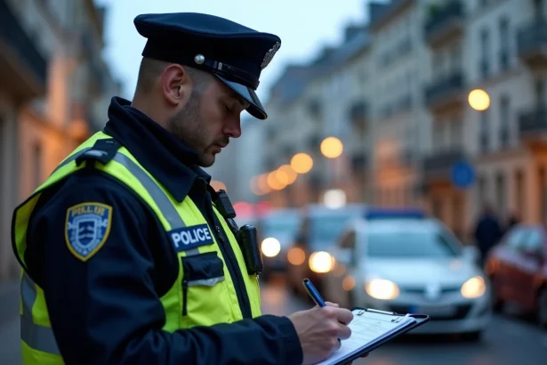Agent de police municipale rédigeant un procès-verbal de contravention de 5ème classe pour nuisances sonores dans une rue résidentielle