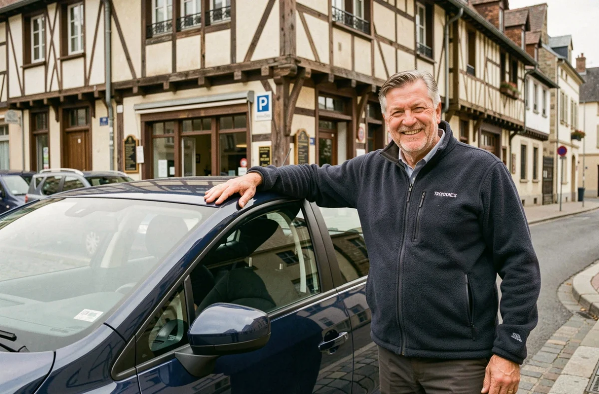 Moniteur de l'auto-école Popeye souriant devant sa voiture école dans le centre historique de Troyes