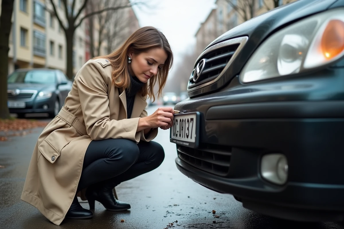Femme fixant une plaque d'immatriculation ukrainienne sur une voiture importée dans une rue de Kyiv