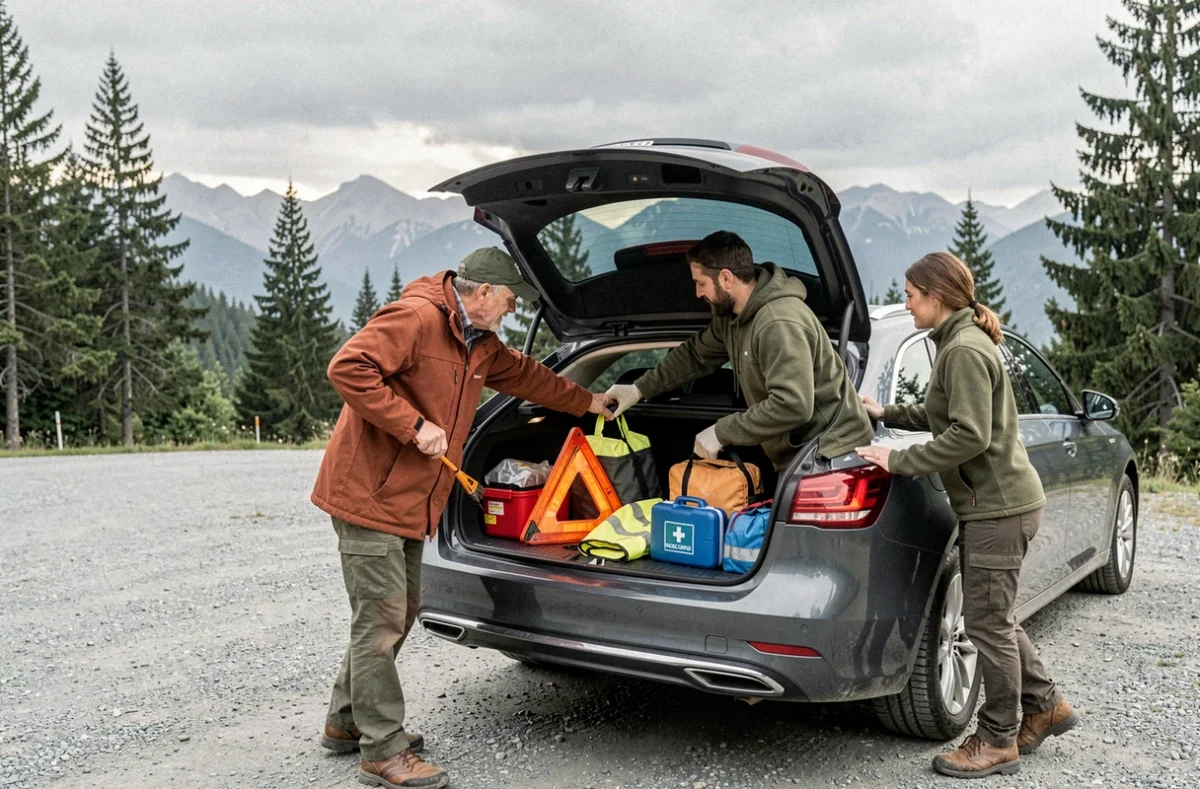 Couple préparant le coffre de leur voiture avec le matériel de sécurité essentiel avant un road trip en montagne