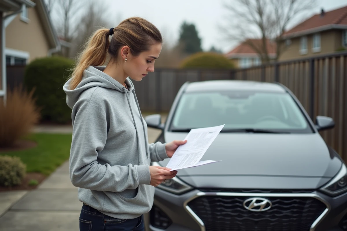 Propriétaire de Hyundai consultant des instructions pour changer le logo de son véhicule dans une allée résidentielle