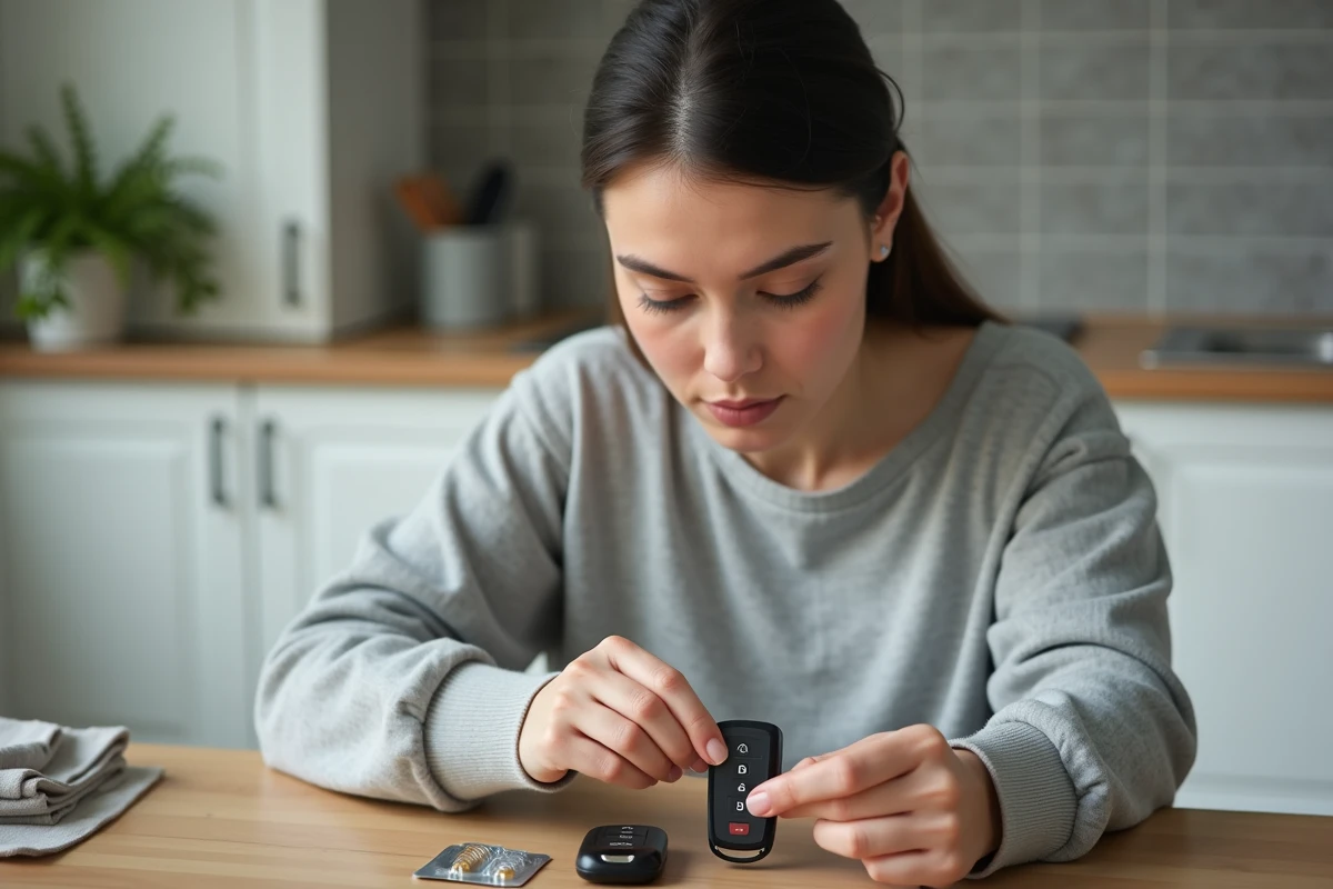 Femme remontant la clé carte Renault Clio 4 après remplacement de la pile en appuyant doucement sur les deux parties plastiques à la cuisine