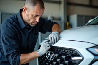 Technicien automobile retirant un logo Hyundai du capot d'un SUV blanc dans un garage professionnel