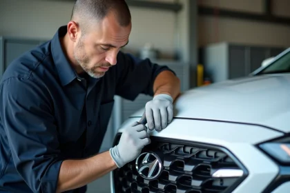 Technicien automobile retirant un logo Hyundai du capot d'un SUV blanc dans un garage professionnel