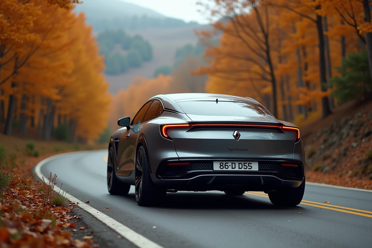 Renault Symbioz gris rafale sur une route de montagne en automne, vue arrière trois quarts avec feuillage coloré en arrière-plan