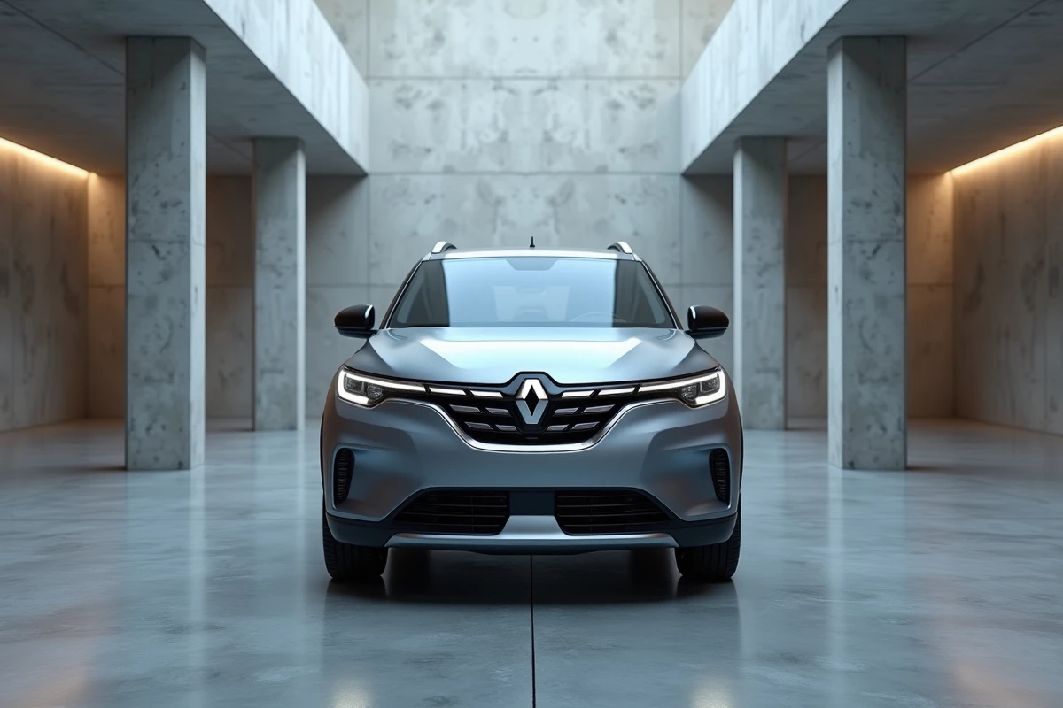 Renault Symbioz gris rafale photographié dans un showroom minimaliste en béton, reflets de la teinte sur le sol époxy