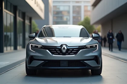 Renault Symbioz gris rafale garé en milieu urbain, vue trois quarts avant mettant en valeur la teinte métallisée