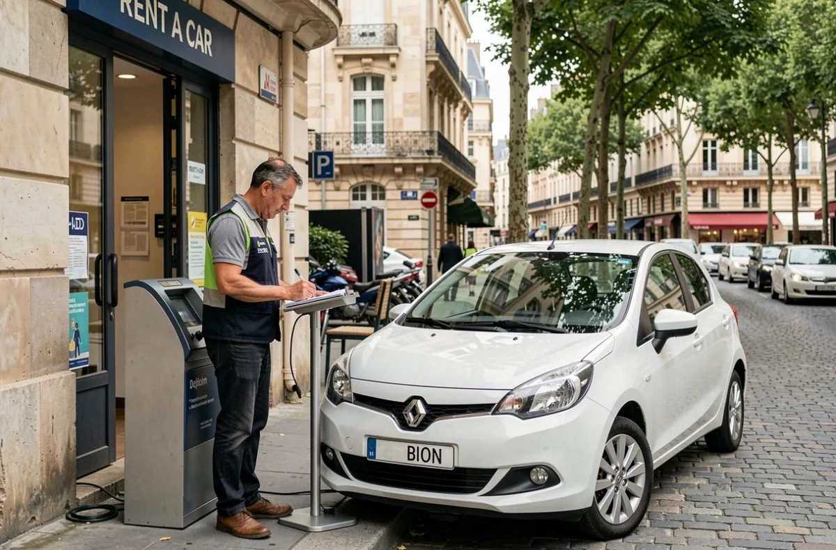 Agent Rent A Car effectuant des formalités de location de voiture devant une agence à Dijon