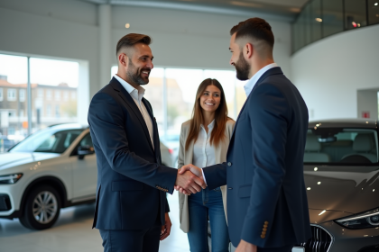Manager de concessionnaire serrant la main d'un couple dans un showroom