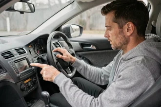Homme entrant le code autoradio sur le panneau de sa voiture depuis le siège conducteur