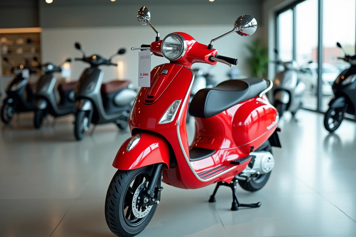 Scooter 50cc neuf rouge et blanc exposé dans une concession moderne avec étiquette de prix visible, vue 3/4 avant en intérieur