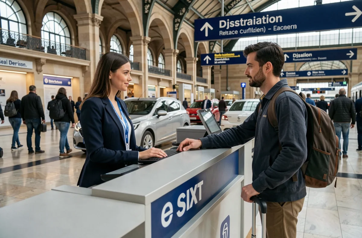 Agent Sixt au comptoir de location en gare de Dijon assistant un voyageur avec ses bagages