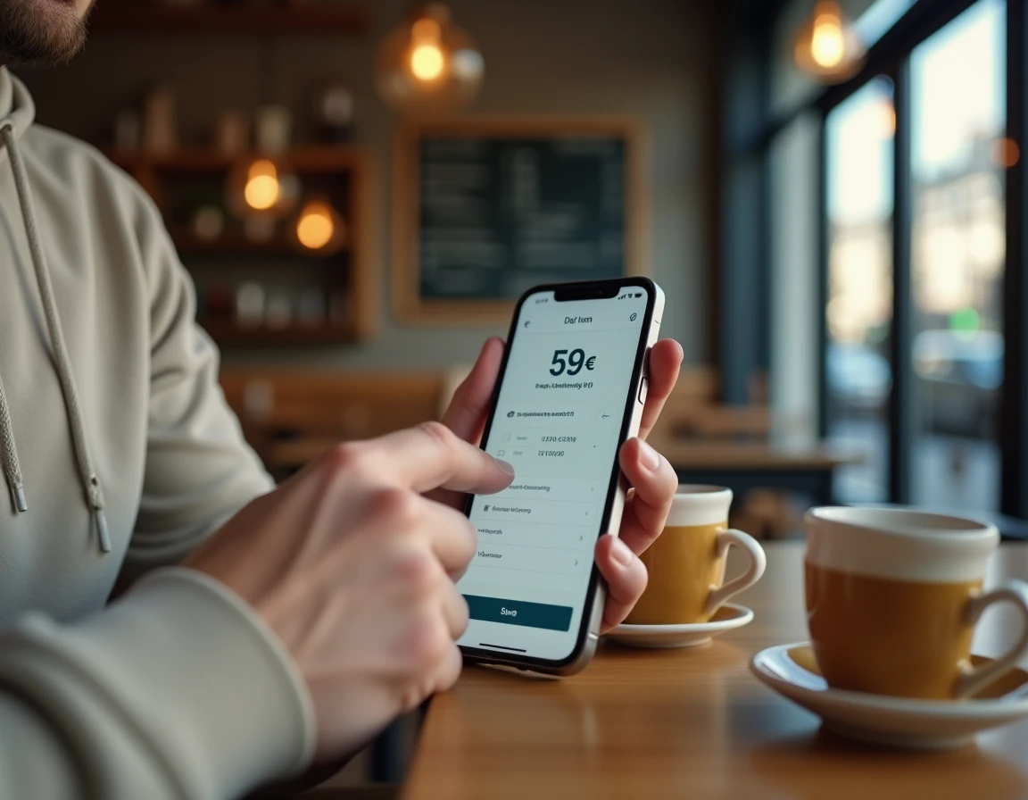 Gros plan sur un smartphone affichant une application de comparaison de leasing voiture à 59 euros par mois dans un café
