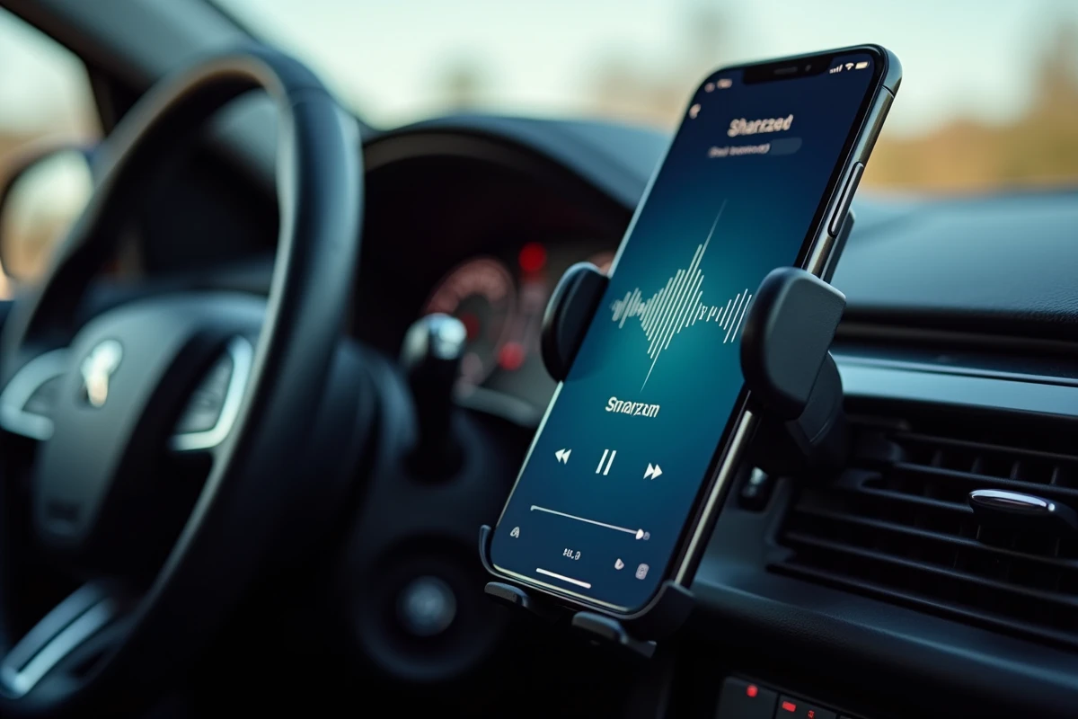Smartphone sur support tableau de bord de Peugeot 5008 affichant une application de reconnaissance musicale