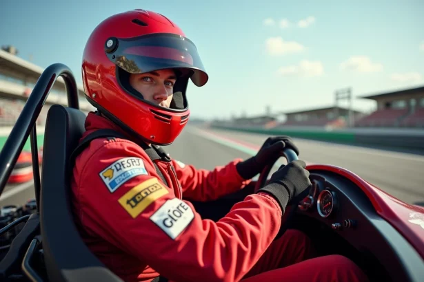 Pilote en combinaison rouge au volant d'une voiture de course lors d'un stage de pilotage sur circuit