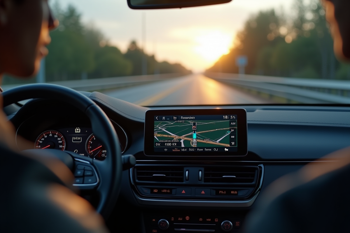 Tableau de bord de voiture avec GPS en journée