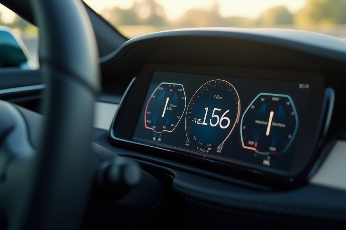 Détail du tableau de bord Tesla avec kilométrage élevé intérieur moderne